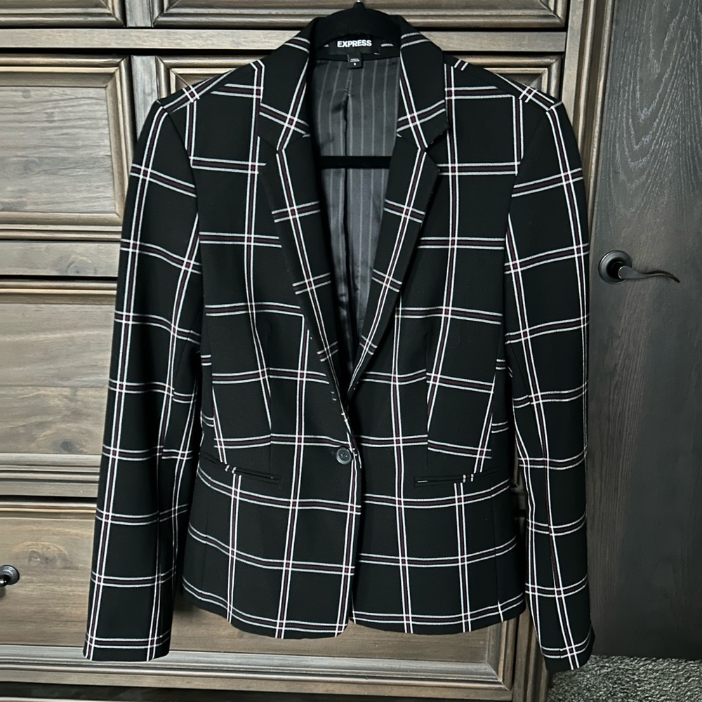 Express Black Blazer with White Grid Pattern
